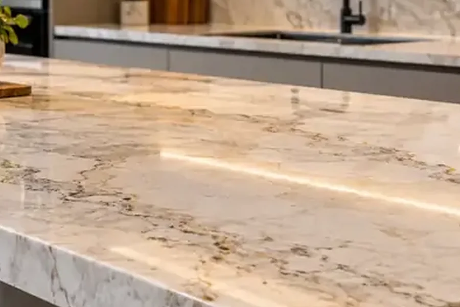 Bancada de cozinha em pedra com profundidade padrão sobre armários já instalados.
