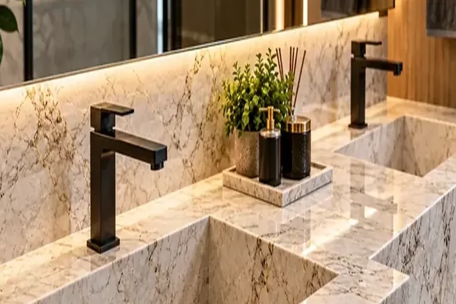 Lavatório de pedra com cuba esculpida e torneira de parede em lavabo.