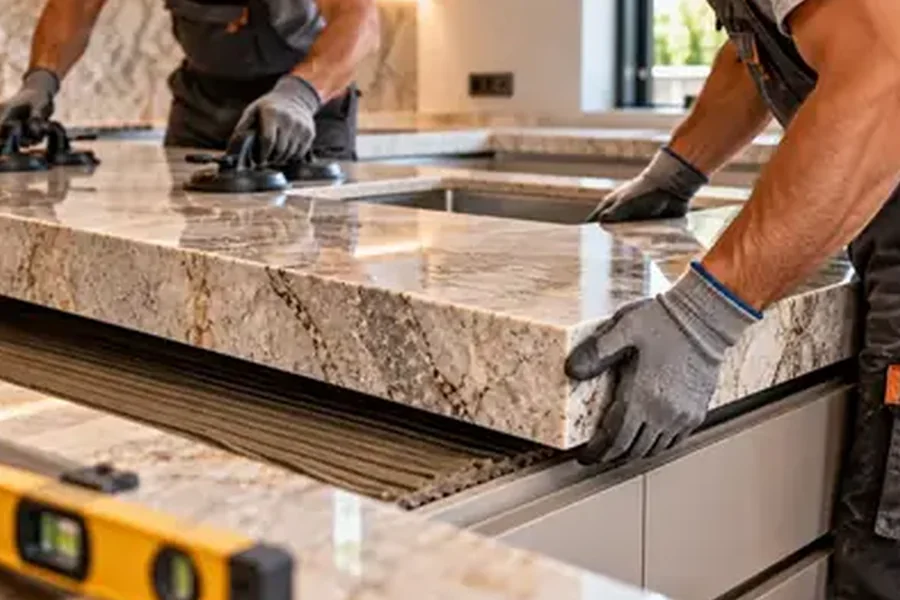 Descanso de panela protegendo bancada de pedra próxima ao cooktop.